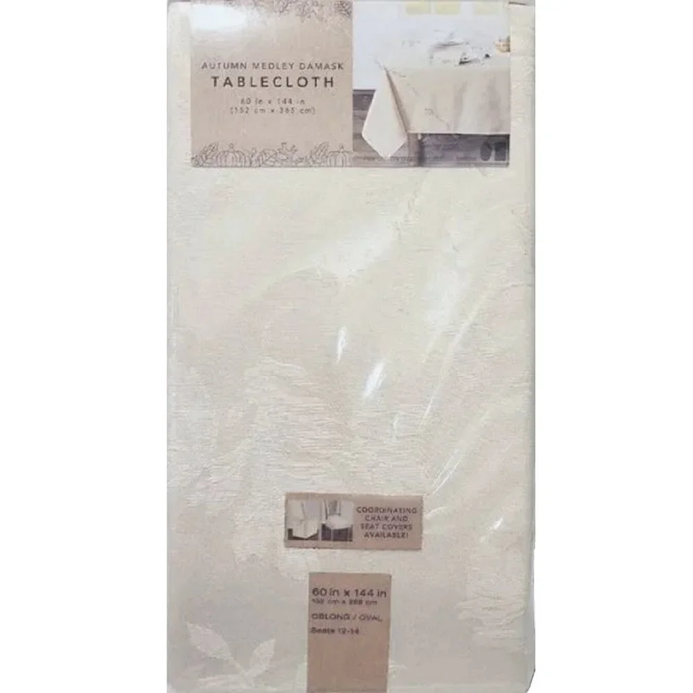 new Autumn Medley IVORY Damask Fabric 60x144 inch Tablecloth (Seats 12 to 14)